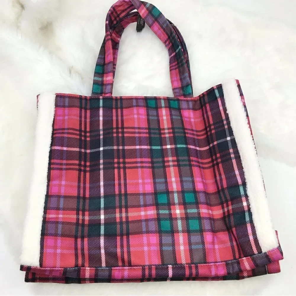 Victoria’s Secret Red Green Plaid Shearling Trim Holiday Winter Travel Tote Bag